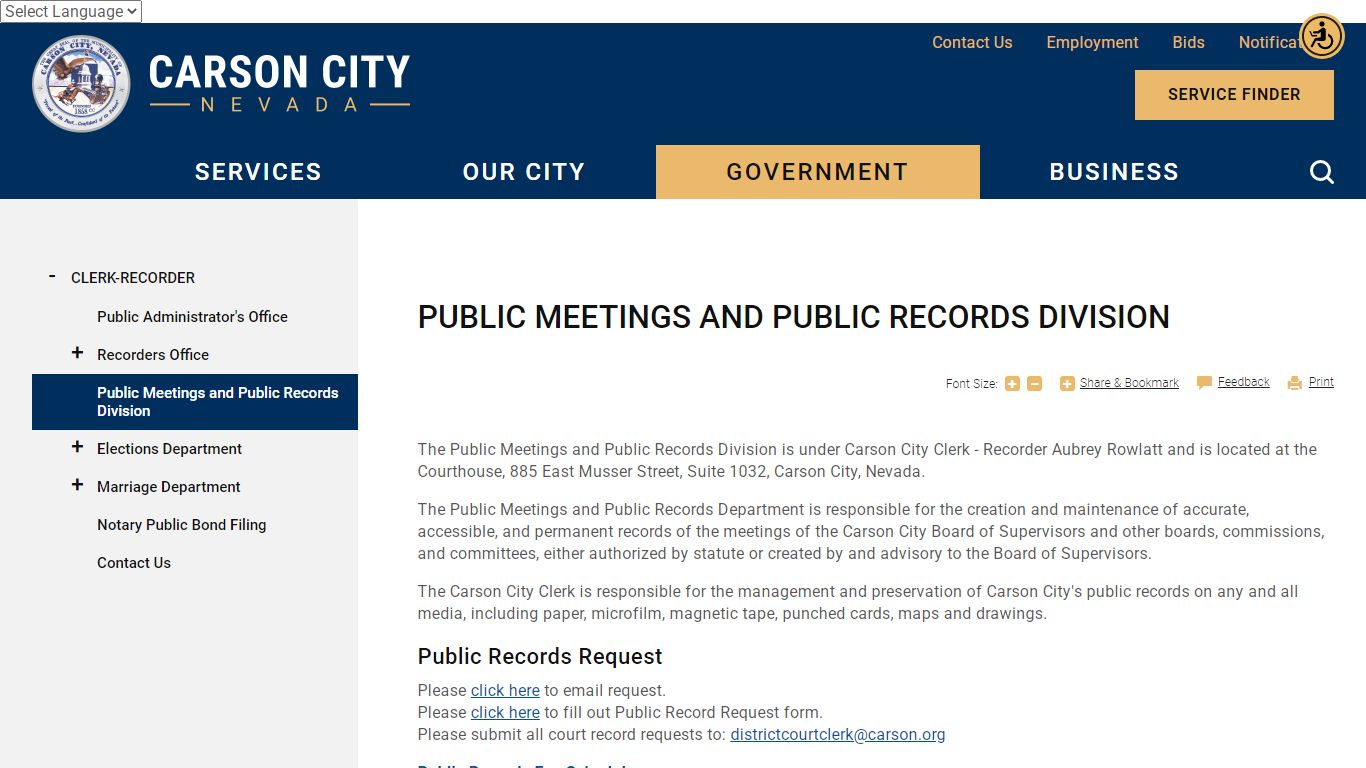 Public Meetings and Public Records Division | Carson City